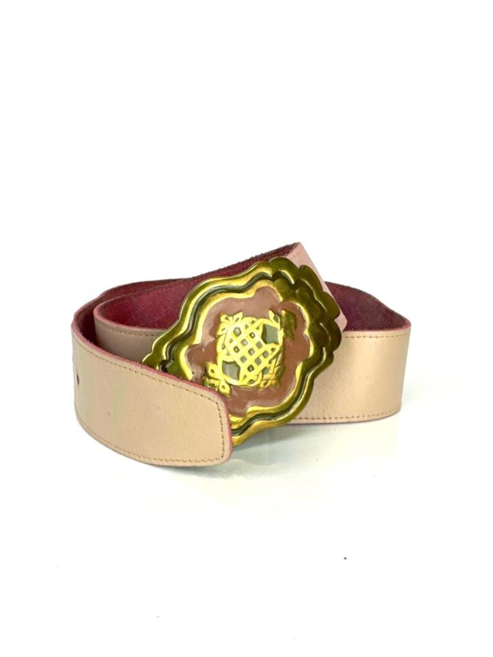 GOLDEN HANDS x Reva Art Deco Light Pink Gold-Tone Big Buckle Leather Belt